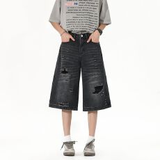 批发外贸渐变水洗牛仔短裤男夏季美式高街潮牌过膝直筒休闲七分裤子