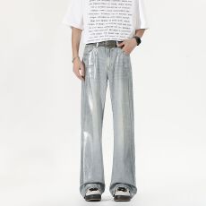 재고있음美式手工烫银箔涂鸦印花牛仔裤男宽松阔版直筒裤