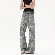 재고있음欧美炸街裤子做旧链条印花擦色牛仔裤美式高街直筒裤男