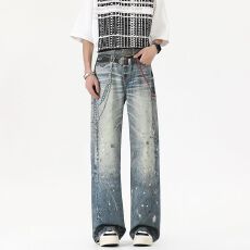 재고있음美式复古链条印花泼墨水洗做旧脏染牛仔裤男宽松直筒阔腿
