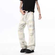 재고있음复古扎染破洞牛仔裤男女潮流小众设计感vibe直筒休闲裤子