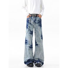 美式高街cleanfit水洗蓝爆裂纹牛仔裤男女潮宽松阔腿休闲微喇长裤