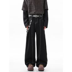 黑色弯刀牛仔裤男款夏季明线斜切裤子美式高街痞帅高级感微喇长裤