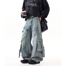 批发재고있음多口袋工装牛仔裤男女直筒宽松阔腿美式高街裤子痞帅