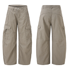 批发재고있음复古水洗弯刀裤男女宽松直筒多口袋阔腿弧形休闲工装裤子