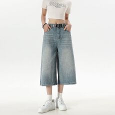 批发美式复古水洗做旧解构弯刀<b class='q'>牛仔</b>七分裤<b class='q'>男</b>女高街阔腿宽松大码短中裤