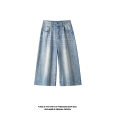 批发美式复古水洗做旧解构弯刀<b class='q'>牛仔</b>七分裤<b class='q'>男</b>女高街阔腿宽松大码短中裤