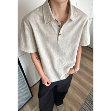 批发复古仿麻纯色polo衫男短袖夏季<b class='q'>男士</b>宽松<b class='q'>翻领</b><b class='q'>t</b><b class='q'>恤</b>半袖上衣服潮