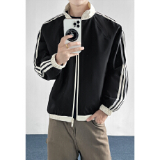 批发美式条纹拼接<b class='q'>夹克</b>男秋季外套cleanfit短款棒球服