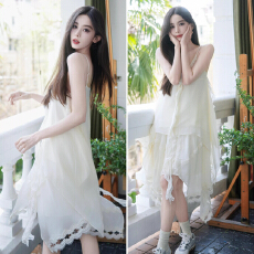 批发娜扎同款白色蕾丝拼接半身裙仙女不规则A字裙V领吊带上衣两件套