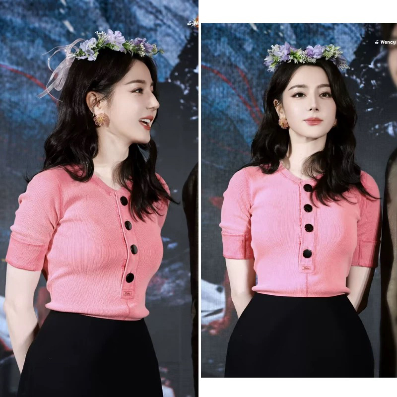 백일 칸델라 디 리 뜨거운 바 같은 단락 달콤함 반 개방 칼라 연령 감소 복숭아 핑크색 니트 스웨터 반팔 티셔츠 여성 셔츠