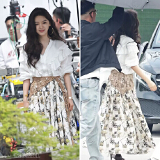 批发章若楠同款白色荷叶边衬衫上衣复古印花绑带不规则开叉半身裙长裙