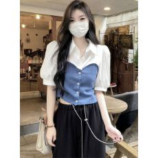 批发天猫抖音质量百搭假两件拼接polo领短袖上衣气质单排扣泡泡袖衬衫