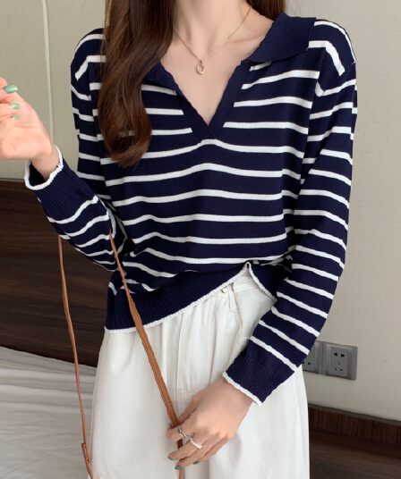 주간 고양이 흔들어서 톤 품질 이른 가을 맨위 여성 새로운 POLO 칼라 스트라이프 긴팔 니트 스웨터 루즈핏 연령 감소 맨위