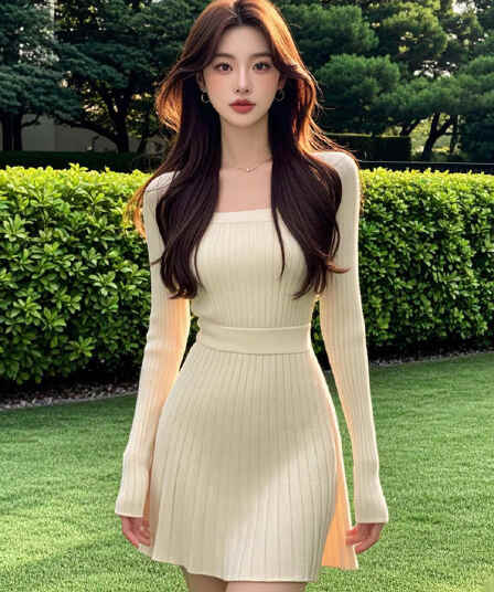 드레스 가을 의상 여자 2026 년 새로운 허리 수축 슬림해 보이는 품격 부드러운 빛 요리 한 쌀 살구 색상 긴팔 짧은 치마