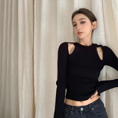 批发双面德绒260克露肩长袖<b class='q'>打底衫</b>女春季辣妹修身短款上衣女ins