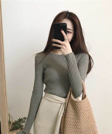 새로운 타이트 한국 스타일 몸매 가꾸기 슬림해 보이는 긴팔 만나는 니트 스웨터 맨위 여성 인사이드 가져 가라. 외출용 다용도