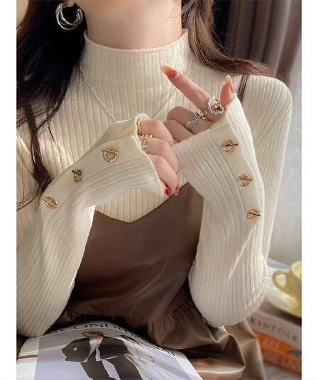 반하이넥 디자인 센스 작은 대중 단추 니트 기본 셔츠 스웨터 맨위 여성