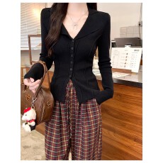 批发法式鱼骨收腰设计感针织开衫女春秋修身POLO领上衣新款