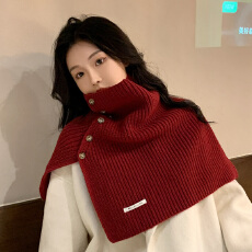批发新款钮扣围脖女秋冬季韩版百搭套头保暖护颈脖套外搭开叉针织披肩