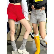 批发韩国东大门2026秋冬新款松紧腰红色针织毛线短裤女休闲直筒阔腿裤