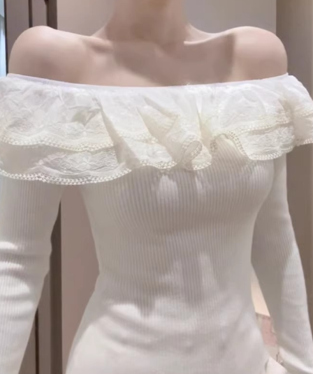 이른 가을 새로운 순수한 욕망 바람 오프숄더 레이스 니트 맨위 여성 가을 새로운 몸매 가꾸기 허리 수축 다용도 맨위
