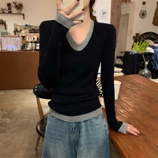 批发秋冬<b class='q'>韩版</b>u领撞色修身9羊毛气质针织衫打底<b class='q'>长袖</b>毛衣上衣