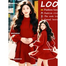 批发【圣诞红新年红】泡泡袖红色针织连衣<b class='q'>裙</b>秋冬季收腰A字蓬蓬<b class='q'>娃娃</b><b class='q'>裙</b>