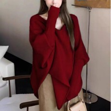 批发新年红秋冬通勤慵懒风大码胖mm不规则毛衣女宽松针织衫法式蝙蝠袖