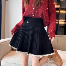 批发包心纱甜美蕾丝花边百褶裙秋新款高腰<b class='q'>显瘦</b>A字短裙针织半身裙