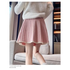 批发包心纱甜美蕾丝花边百褶裙秋新款高腰显瘦A字<b class='q'>短裙</b>针织<b class='q'>半身裙</b>