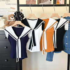 批发夏季新款甜美风海军领系带无袖背心修身显瘦固定带胸垫撞色百搭女