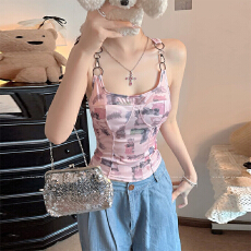 批发金属扣辣妹印花外穿小吊带背心女夏季内搭美背文胸一体带胸垫上衣