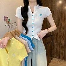 批发冰丝独特刺绣针织<b class='q'>开衫</b>女装夏季短袖薄款收腰修身好看洋气排扣上衣