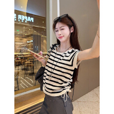 小众竹节麻短袖t恤针织衫夏2026韩版潮修身条纹收腰圆领上衣女装