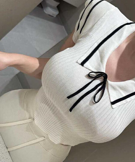 얼음 차가운 실크 여름 새로운 품격 학원 스타일 polo 폴로 칼라 몸매 가꾸기 쇼트 스타일 디스플레이 몸 니트 스웨터 반팔