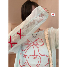 批发轻薄防晒衫樱桃印花<b class='q'>长袖</b>T恤女宽松显瘦<b class='q'>蕾丝</b>拼接设计感带胸垫<b class='q'>上衣</b>