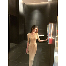 批发【冰爽丝】小香风轻熟优雅半开领系带针织连衣裙女<b class='q'>中袖</b>收腰长裙