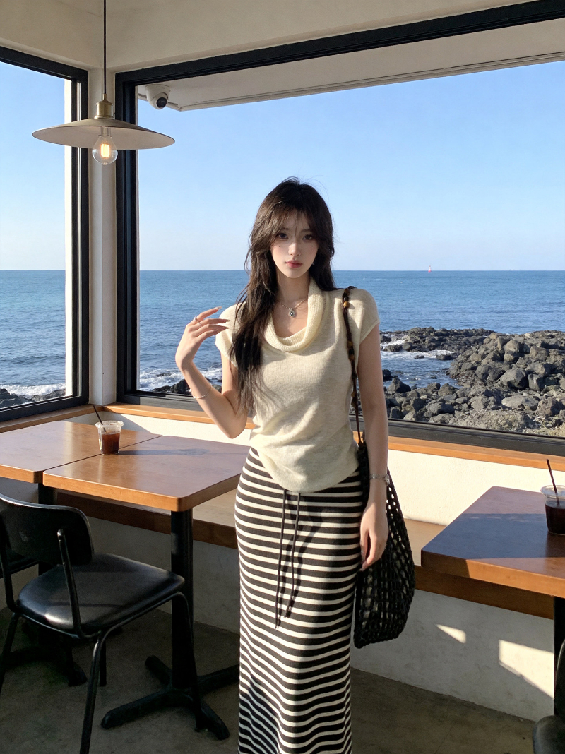 순수한 욕망 핫걸 흔들다 칼라 반팔 니트 티셔츠 여성 여름 품격 루즈핏 슬림해 보이는 다용도 캐주얼 맨위