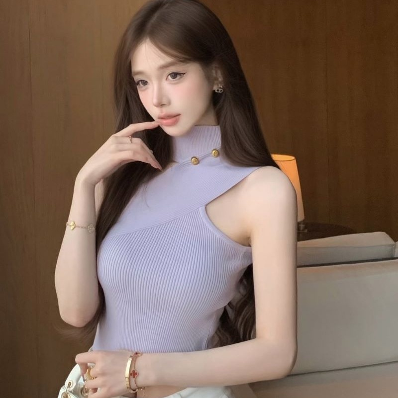 얼음 차가운 실크 순수한 욕망 비대칭 비스듬한 어깨 행침 목 니트 스웨터 조끼 여름 몸매 가꾸기 핫걸 패션 맨위