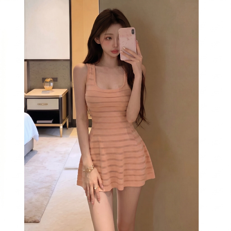 얼음 실크 유럽 오간자 한 부서 달콤한 매운맛 바람 여름 스트라이프 허리 수축 슬림해 보이는 광장 칼라 민소매 한 마디 여성