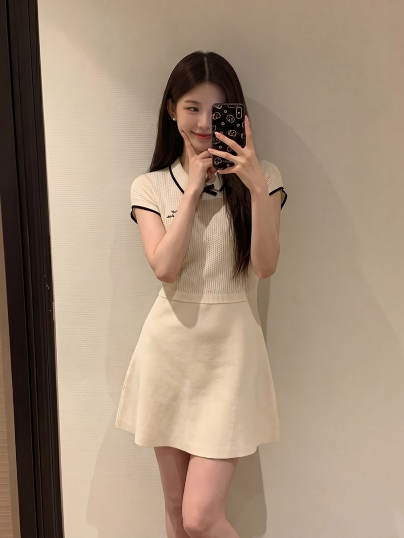 얼음 차가운 실크 워시 물 한 부서 학원 스타일 화이트 배색 POLO 칼라 연령 감소 반팔 니트 여성 드레스 여름
