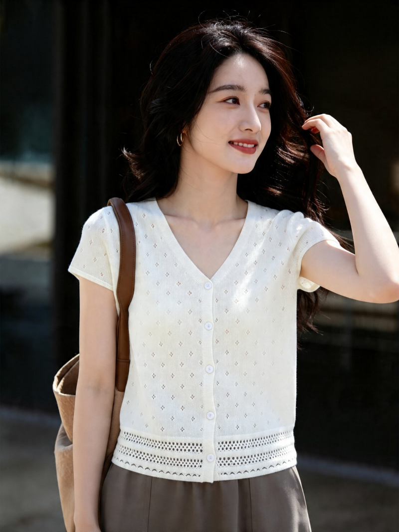 바이 지아 좋은 프랑스식 V넥 홀로우 아웃 반팔 니트 스웨터 여성 여름 실크 아마 얇은 스타일 오픈 가디건