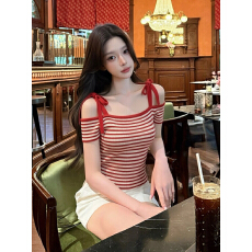 批发【冰爽丝】甜美风条纹一字肩系带短袖T恤多巴胺绝美千金上衣女