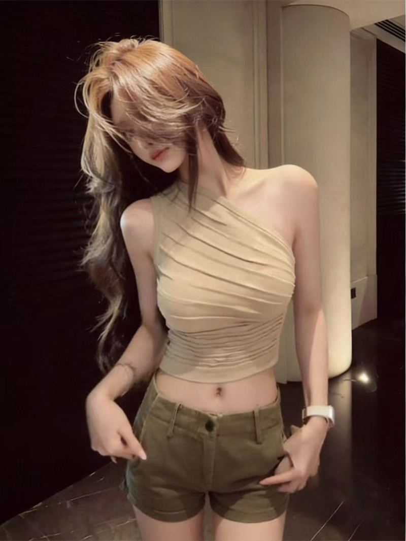 섹시함 핫걸 불규칙 비스듬한 칼라 주름 숄더백 조끼 여성 고유 한 몸매 가꾸기 민소매 오프숄더 맨위 여름