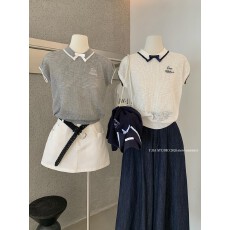 批发夏季撞色蝴蝶结POLO领学院风减龄<b class='q'>针织衫</b>上衣女