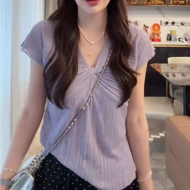 대나무 마디 마 워시 물 디자인 센스 비틀림 V넥 니트 반팔 몸매 가꾸기 슬림해 보이는 품격 차가운 센스 질감 티셔츠 여성