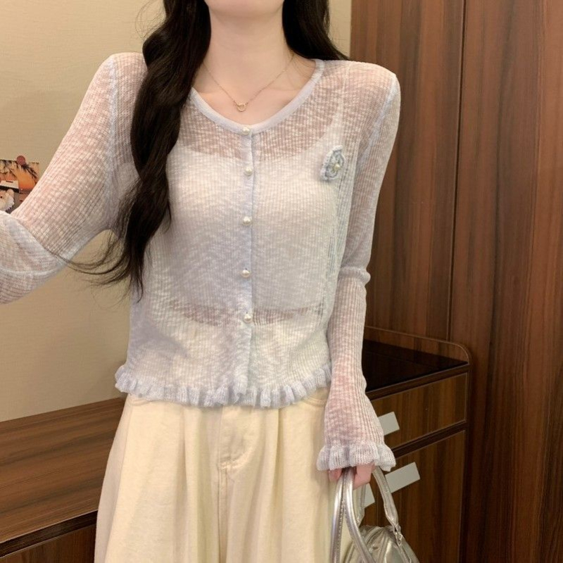 대나무 마디 마 워시 물 여름 새로운 부드러운 찹쌀 프릴 얇은 스타일 3 차원 꽃 자외선 차단 니트 스웨터 여성