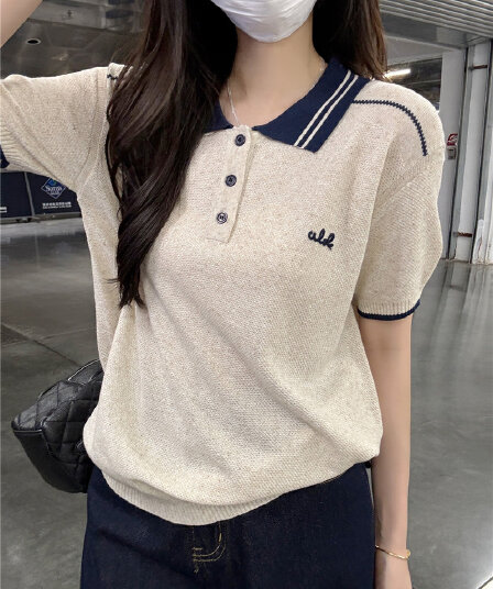 주간 차가운 아마 여름 새로운 학원 스타일 배색 POLO 칼라 반팔 티셔츠 여성 다용도 슬림해 보이는 캐주얼 맨위
