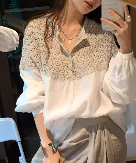 프랑스식 루즈핏 캐주얼 빛 요리 한 바람 화이트 패치워크 여성 셔츠 2026 년 봄 가을 새로운 고유 한 절묘한 맨위